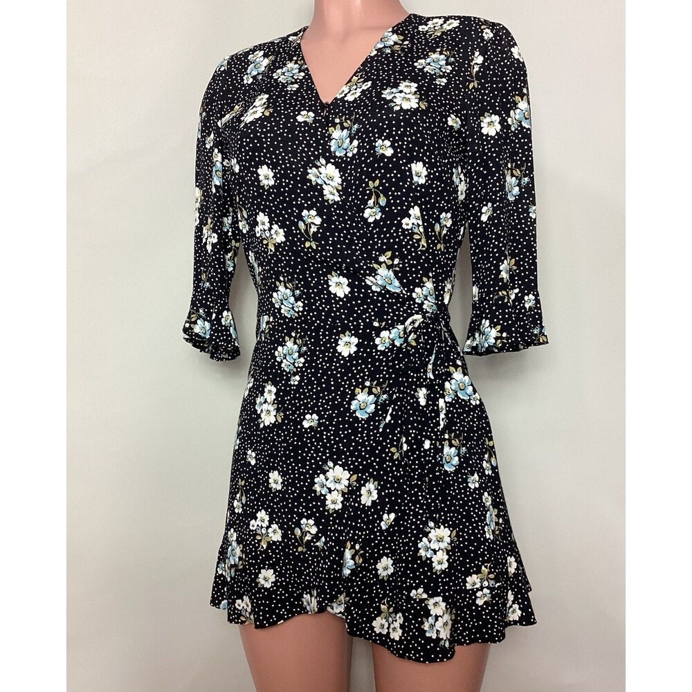 Ann Taylor Loft Black & White Polka Dots Floral Print Short Romper 00